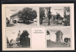 AK Grossromstedt, Restaurant Otto Koch, Kirche, Schule, Denkmal  - Other & Unclassified