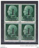 R.S.I.  VARIETA':  1944  SOPRASTAMPATO  -  25 C. VERDE  BL. 4  N. -  CORONA  CAPOVOLTA  -  C.E.I. 60 A - Mint/hinged