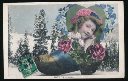 CPA 9 X 14 Fantaisies SABOT (23)"Joyeux Noël"  Forêt Sapins Roses Photo Tête Fillette - Autres & Non Classés