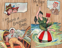 Splendid Time On Boat Life Buoy 2x Old Comic Postcard S - Humor