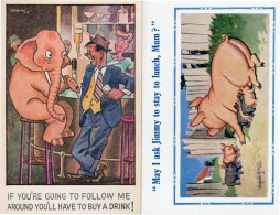 Pink Elephant In Pub Room Pig Donald McGill 2x Comic Postcard S - Humour