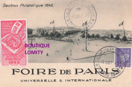 Vignette Foire De Paris 1942 Section Philatélique Cachet Salon De La Philatélie Sur Carte Postale - Exposiciones Filatelicas