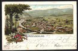 Lithographie Mürzzuschlag, Blick über Den Ort, Blumen  - Sonstige & Ohne Zuordnung