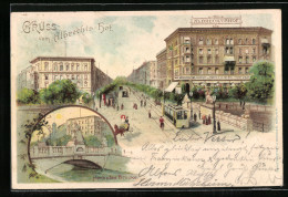 Lithographie Berlin-Tiergarten, Hotel Albrechtshof Mit Strassenbahn, Herkules-Brücke  - Dierentuin