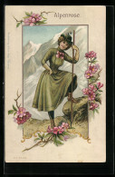 Lithographie Alpenrose, Bergsteigerin Mit Wanderstab, Glitzerrahmen  - Mountaineering, Alpinism