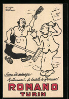 Künstler-AK Romano Turin, Étienne Aimé Bourbon, Scéne De Ménage, Hausfrau Schlägt Mann Mit Likörflasche  - Werbepostkarten