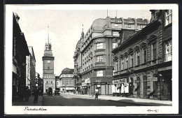 AK Pardubice, Strassenpartie Mit Geschäften Und Turm  - Tchéquie