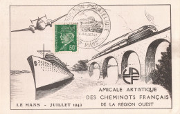 France 1943 Carte Souvenir Cachet Temporaire Exposition Philatélique Le Mans Cheminots Train Pont Bateau Avion - Cartas & Documentos