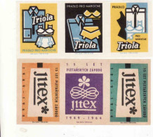 Czech Republic, 6 Matchbox Labels, Triola - Clothes, JItex - Knitting Factories - 15 Years 1949 - 1964 - Luciferdozen - Etiketten