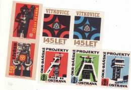 Czech Republic, 7 Matchbox Labels, Vitkovice Ostrava 145 Years, OKR Ostrava - Mining Projects, 125 Years TŽ VŘSR - Boites D'allumettes - Etiquettes