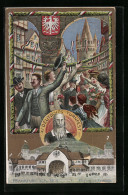 AK Frankfurt A. M., XI. Deutsches Turnfest 1908, Feiernde Menschen In Mit Fahnen Geschmückter Stadt, Festhalle  - Sonstige & Ohne Zuordnung