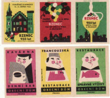 Czech Republic, 6 Matchbox Labels, Bzenec - Vine Fastival, 950 Year Of The City, Obecný Dúm - Kavarna, French Restaurant - Luciferdozen - Etiketten