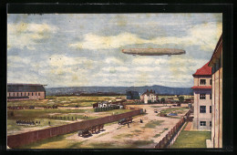 Künstler-AK Dresden, Luftschiff Zeppelin Z-72 über Einer Kaserne 1916  - Zeppeline