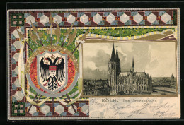 Passepartout-Lithographie Köln, Dom, Seitenansicht, Wappen  - Sonstige & Ohne Zuordnung