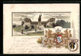 Passepartout-Lithographie München, Bavaria Mit Ruhmeshalle Und Wappen  - Autres & Non Classés