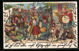 Lithographie Gruss Vom Schützenfest, Besucher Prügeln Sich Auf Dem Schützenfest  - Hunting