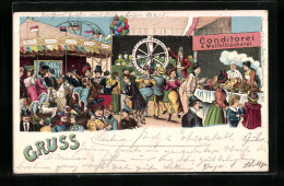 Lithographie Besucher Des Volksfestes Unterhalten Sich Am Karussel, An Der Losbude U. Der Waffelbäckerei  - Andere & Zonder Classificatie