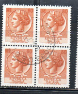 ITALIA REPUBBLICA ITALY REPUBLIC 1968 - 1976 SIRACUSANA TURRITA STELLE STARS LIRE 80 QUARTINA USATA BLOCK USED OBLITERE' - 1961-70: Oblitérés