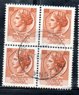 ITALIA REPUBBLICA ITALY REPUBLIC 1968 - 1976 SIRACUSANA TURRITA STELLE STARS LIRE 80 QUARTINA USATA BLOCK USED OBLITERE' - 1961-70: Used