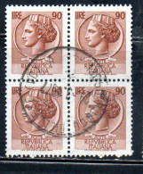 ITALIA REPUBBLICA ITALY REPUBLIC 1968 - 1976 SIRACUSANA TURRITA STELLE STARS LIRE 90 QUARTINA USATA BLOCK USED OBLITERE' - 1961-70: Afgestempeld