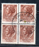 ITALIA REPUBBLICA ITALY REPUBLIC 1968 - 1976 SIRACUSANA TURRITA STELLE STARS LIRE 90 QUARTINA USATA BLOCK USED OBLITERE' - 1961-70: Used