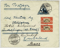 Niederländisch Indien 1934, Luftpostbrief/Postjager Medan Sumatra - Amsterdam - Andelfingen (Schweiz), Nachsendung Baar - Niederländisch-Indien