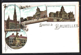 Lithographie Brüssel / Bruxelles, Hotel-de-Ville, Place Royale, Palais De Justice, Place Des Martyrs  - Brüssel (Stadt)