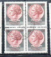 ITALIA REPUBBLICA ITALY REPUBLIC 1968 1976 SIRACUSANA TURRITA STELLE STARS LIRE 130 QUARTINA USATA BLOCK USED OBLITERE' - 1961-70: Used