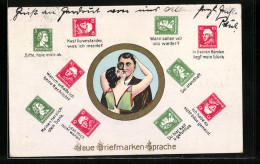 AK Neue Briefmarken-Sprache, Liebespaar  - Briefmarken (Abbildungen)