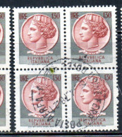 ITALIA REPUBBLICA ITALY REPUBLIC 1968 1976 SIRACUSANA TURRITA STELLE STARS LIRE 130 QUARTINA USATA BLOCK USED OBLITERE' - 1961-70: Afgestempeld