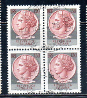 ITALIA REPUBBLICA ITALY REPUBLIC 1968 1976 SIRACUSANA TURRITA STELLE STARS LIRE 130 QUARTINA USATA BLOCK USED OBLITERE' - 1961-70: Gebraucht