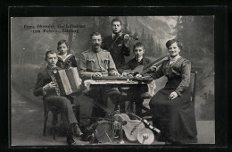 AK Franz Obereder, Gasthofbesitzer Zum Mohren Mit Familie, Junge Mit Akkordeon & Vater Mit Zither  - Music And Musicians