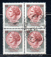 ITALIA REPUBBLICA ITALY REPUBLIC 1968 1976 SIRACUSANA TURRITA STELLE STARS LIRE 130 QUARTINA USATA BLOCK USED OBLITERE' - 1961-70: Used