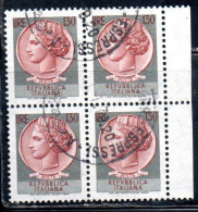 ITALIA REPUBBLICA ITALY REPUBLIC 1968 1976 SIRACUSANA TURRITA STELLE STARS LIRE 130 QUARTINA USATA BLOCK USED OBLITERE' - 1961-70: Usati