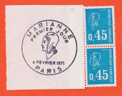 28535 / ⭐ Paire Bord Feuille Collée Sur Vignette Y-T 1663 Obliteration 1er Jour MARIANNE BEQUET 6 Février 1971 MNH**  - Neufs