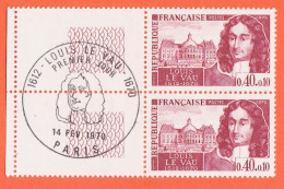 28524 / ⭐ Paire Bord Feuille Yvert Y-T N° 1623 Obliteration 1er Jour PARIS 14-02-1970 Louis LE VAU 1612-1670 LUXE MNH**  - Ungebraucht