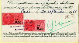 28588 / ⭐ Timbre Fiscal 0.50 N-F + 0.25 Nouveau Francs Quittance Loyer 24-09-1961 Tampon Cie RONEO Bd Italiens Paris - Otros & Sin Clasificación