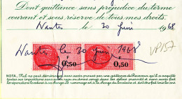 28604 / ⭐ Timbre Fiscal 2 X 0.50 Francs Quittance Loyer  30-06-1968 NANTES - Otros & Sin Clasificación