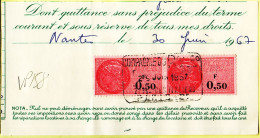 28603 / ⭐ Timbre Fiscal 2 X 0.50 Francs Quittance Loyer  30-06-1967 NANTES - Autres & Non Classés