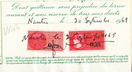 28600 / ⭐ Timbre Fiscal 0.25 + 0.75 Francs Quittance Loyer  30-09-1969 NANTES - Otros & Sin Clasificación