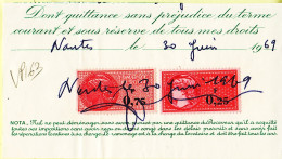 28601 / ⭐ Timbre Fiscal 0.25 + 0.75 Francs Quittance Loyer  30-06-1969 NANTES - Otros & Sin Clasificación