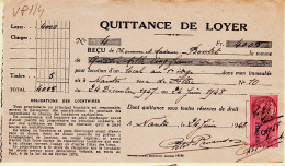 28592 / ⭐ Timbre Fiscal 3 Francs D.A Quittance Loyer 2000 + 200 Frs Pour 6 Mois 24-06-1945 à BOUTET 10 Rue Feltre NANTES - Otros & Sin Clasificación