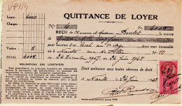 28593 / ⭐ Timbre Fiscal 5 Francs D.A Quittance Loyer 4000 Frs Pour 6 Mois 24-06-1948 à BOUTET 10 Rue Feltre NANTES - Otros & Sin Clasificación