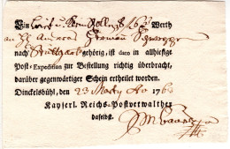 Bayern 1763, Postschein Der Kaiserl. Reichspost V. Dinkelsbühl  - Prephilately