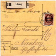 Bayern 1920, EF 75 Pf. Volksstaat Auf Paketkarte V. LEHRBERG - Cartas & Documentos