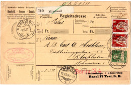 Schweiz 1923, 10 C.+2x1 Fr. Auf Paketkarte V. Mümliswil N. Schweden. - Cartas & Documentos