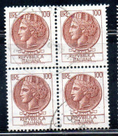 ITALIA REPUBBLICA ITALY REPUBLIC 1968 1976 SIRACUSANA TURRITA STELLE STARS LIRE 100 QUARTINA USATA BLOCK USED OBLITERE' - 1961-70: Afgestempeld