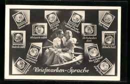 AK Briefmarkensprache, Ich Liebe Dich, Ein Kuss, Ewig Dein  - Briefmarken (Abbildungen)