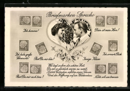 AK Briefmarkensprache Mit Jungem Paar Und Liebesgedicht  - Briefmarken (Abbildungen)