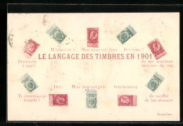 AK Le Langage Des Timbres En 1901, Französische Briefmarken, Briefmarkensprache  - Postzegels (afbeeldingen)